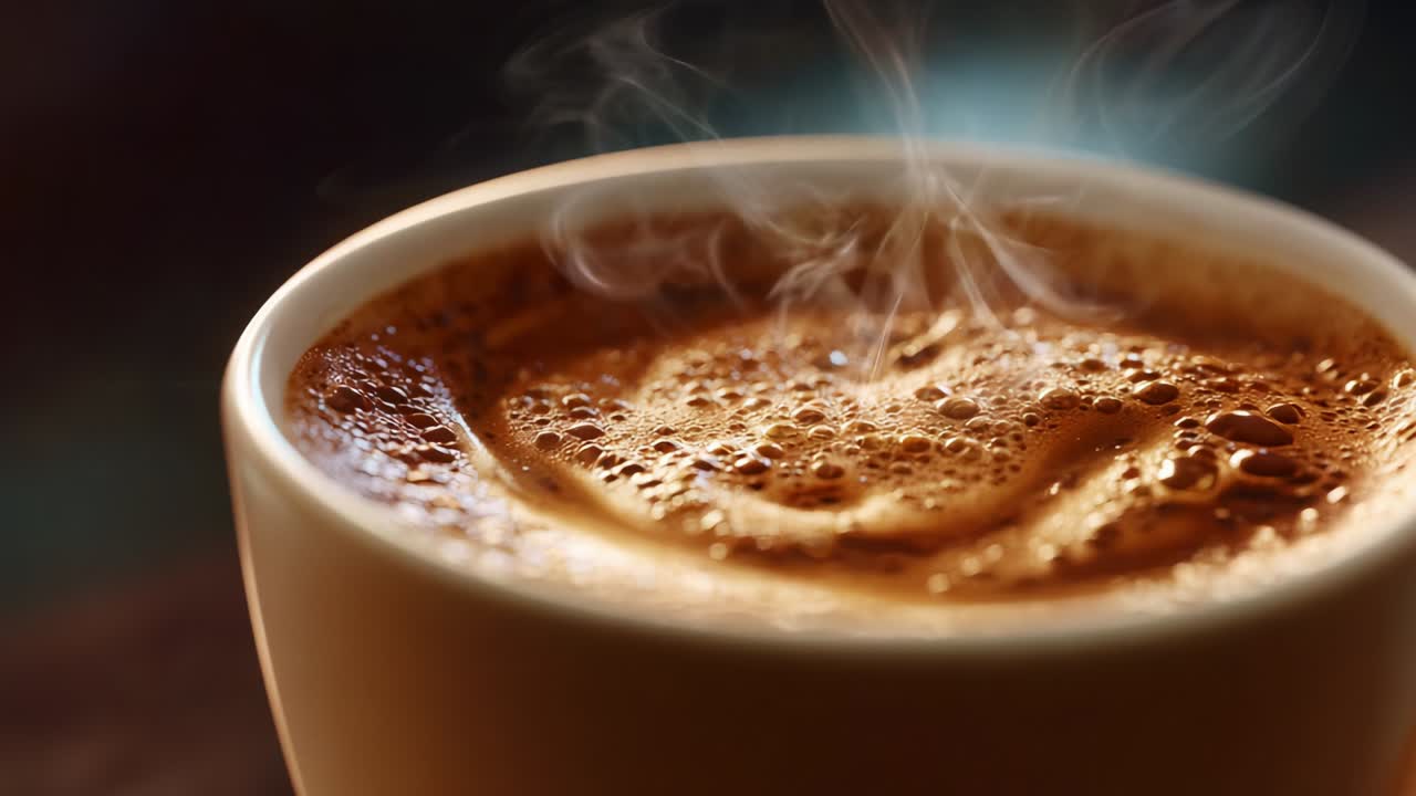 A steaming cup of rich, aromatic coffee showcasing its frothy surface and swirling steam, perfect for invoking feelings of warmth, comfort, and indulgence in the daily ritual of enjoying this beloved beverage