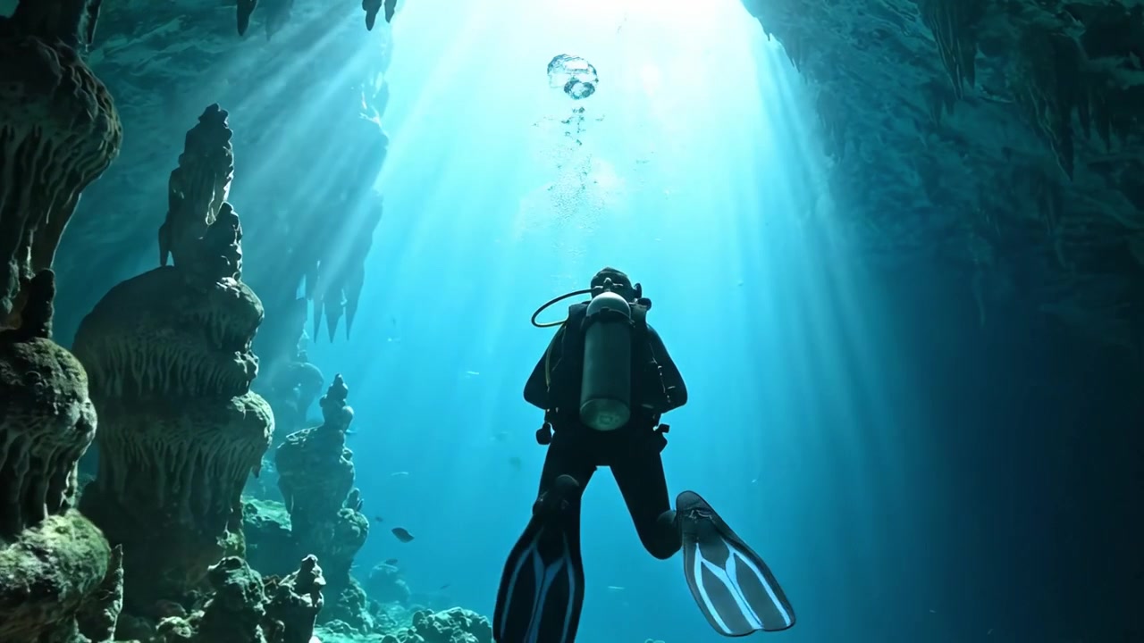 Esplorando le incantevoli profondità di una grotta sottomarina: Un viaggio subacqueo tra stalagmiti e acque illuminate dal sole, che offre una prospettiva mozzafiato sulla vita marina