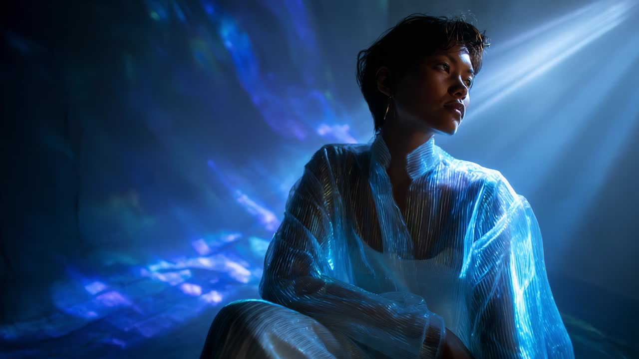 Un ritratto affascinante di una giovane modella in posa elegante, immersa in una luce eterea tra uno spettro di riflessi colorati, che mette in mostra la moda contemporanea e le tecniche di fotografia artistica