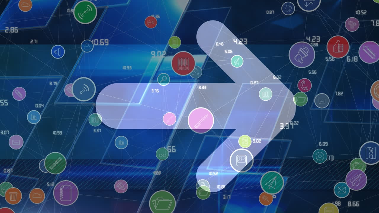 Animation of digital icons with arrow over screens on blue background