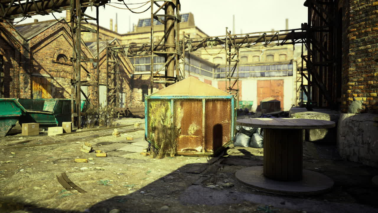 Abandoned industrial site with rusty structures and overgrown vegetation