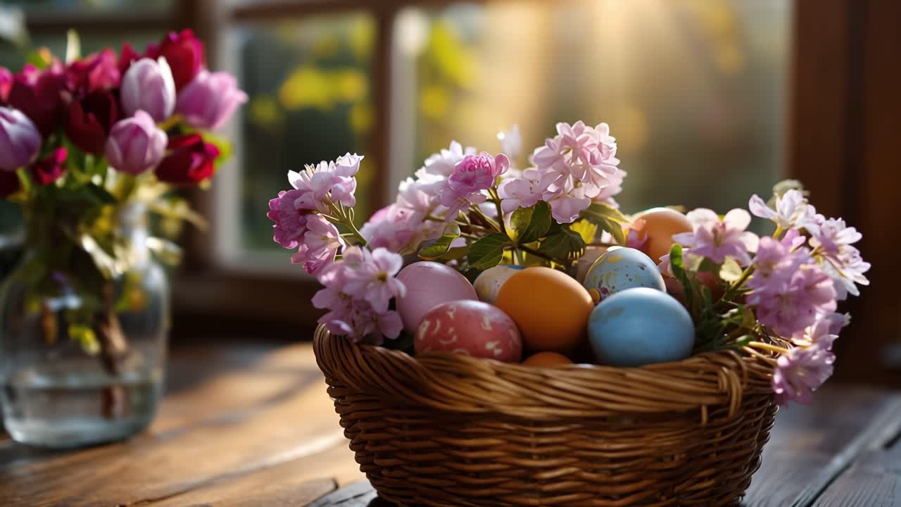Sunlight pours through window, warming wooden table. Basket holds pastel eggs nestled in pink blossoms. Flowers and eggs glow with spring's soft, cheerful light. Sunbeam dances gently across the scene