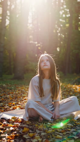 young girl in autumn forest looking up at sunlight