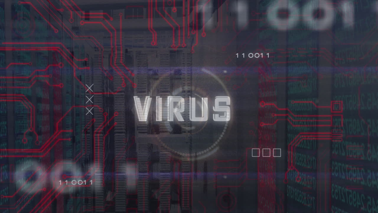 animación del texto del virus en círculos, patrón de placa de circuitos, códigos binarios, números en la sala del servidor