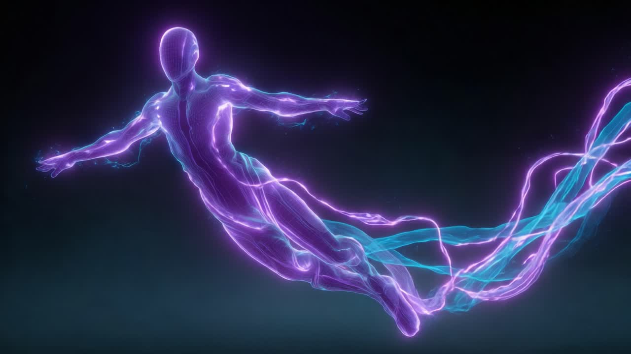 A captivating and ethereal representation of a luminous, semi-transparent figure gracefully soaring through an abstract space, surrounded by vibrant energy trails in shades of pink and blue, embodying motion and fluidity