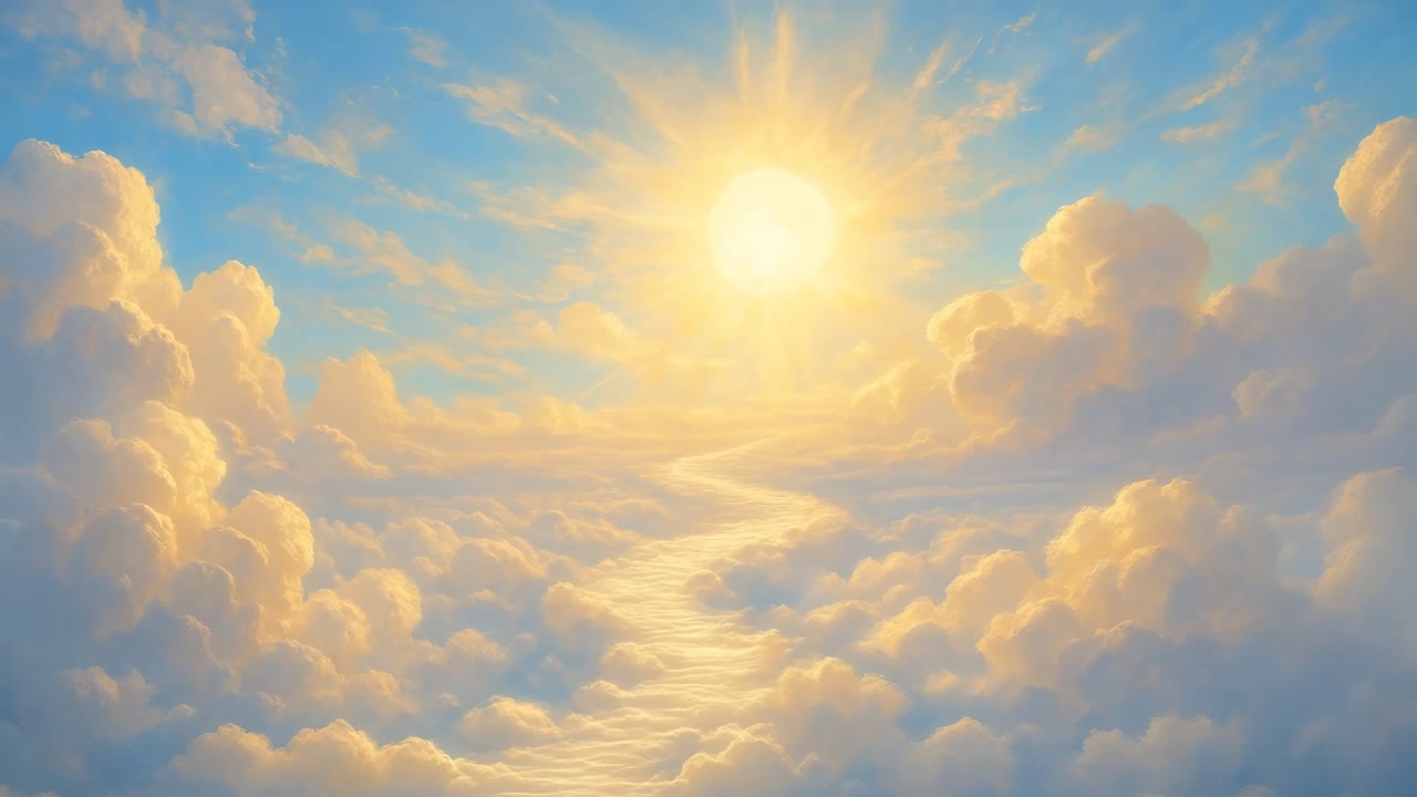 A serene, dreamlike video scene of a sunlit path through fluffy clouds, captured from a high angle