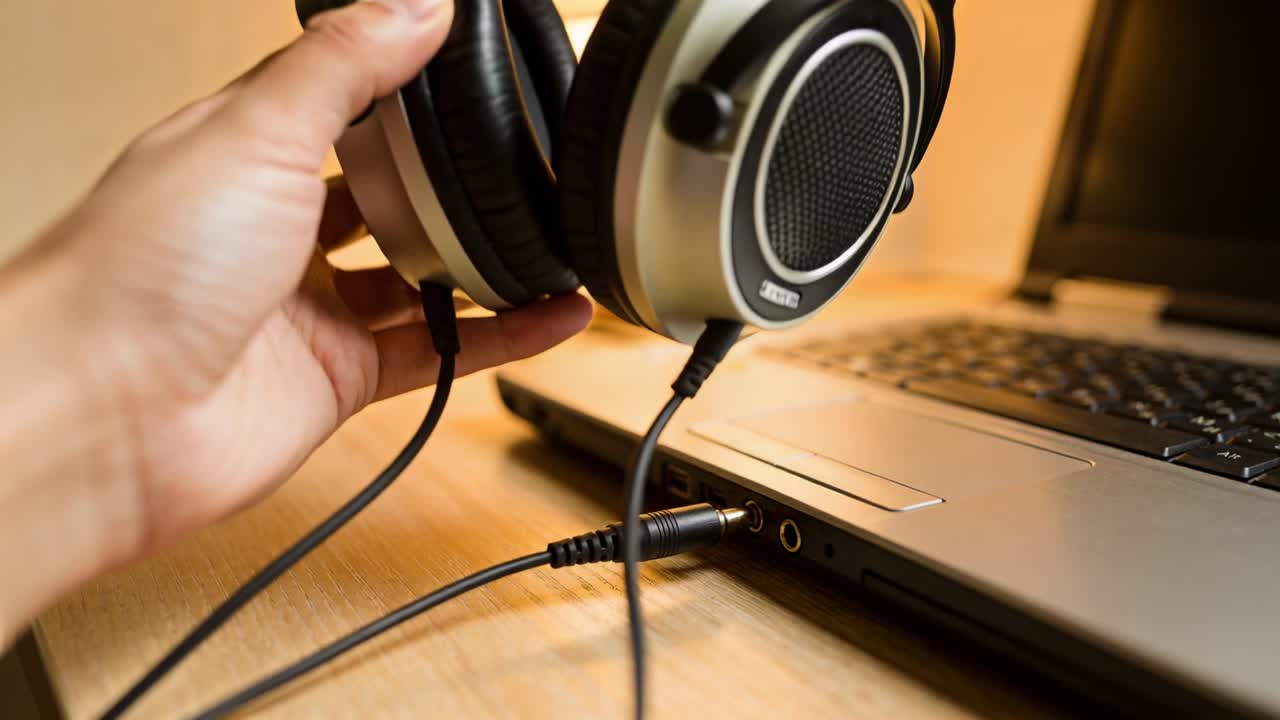 Entering from left, hand picking up and moving over-ear headphones beside laptop, preparing to plug