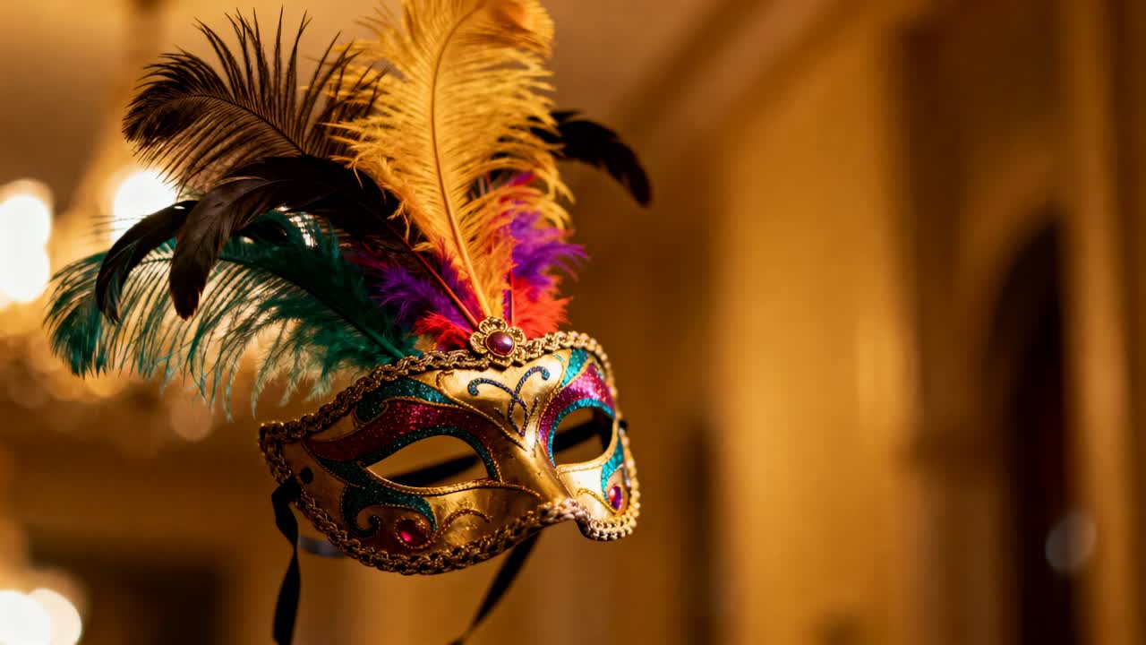 Maschera dorata da ballo in maschera che ruota e si sposta mentre i fotogrammi avanzano in un corridoio caldo, con piume e nastri.