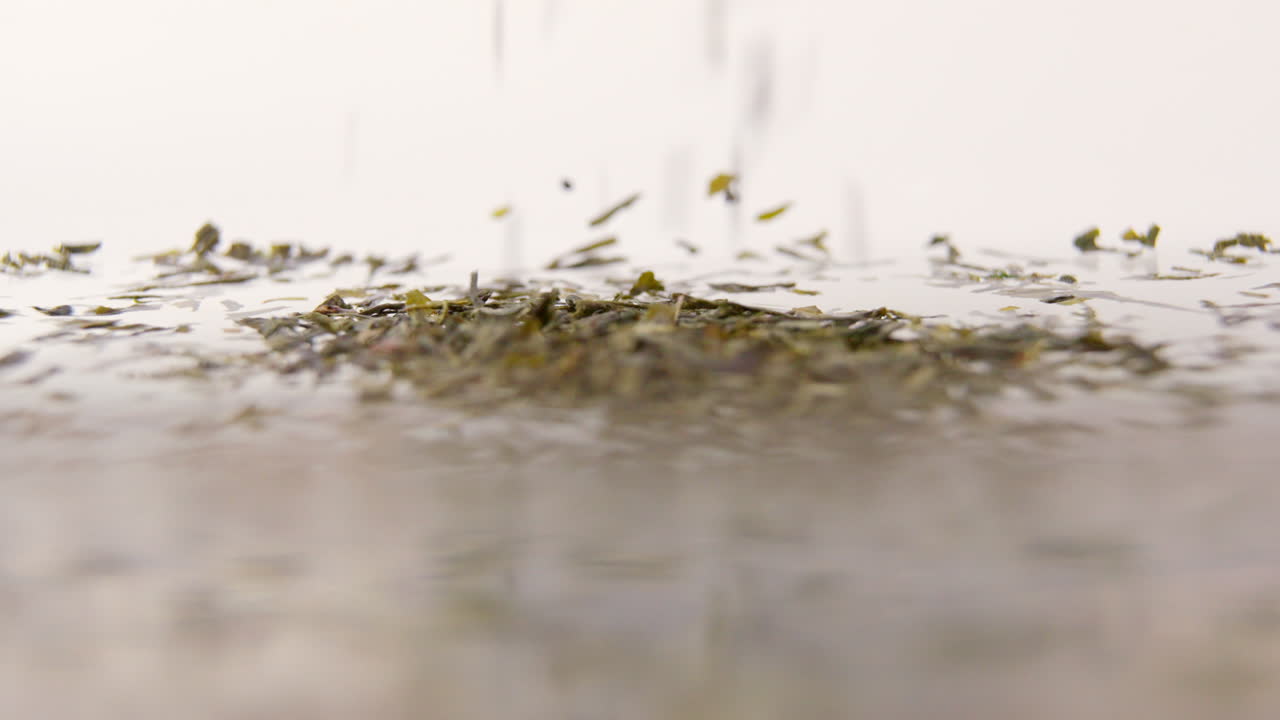 물 표면에 떨어지는 녹차 잎과 100fps의 원형 파도 생성