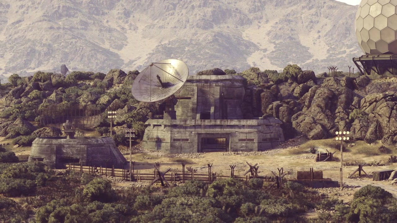 Abandoned satellite setup overlooking rugged horizon and hills