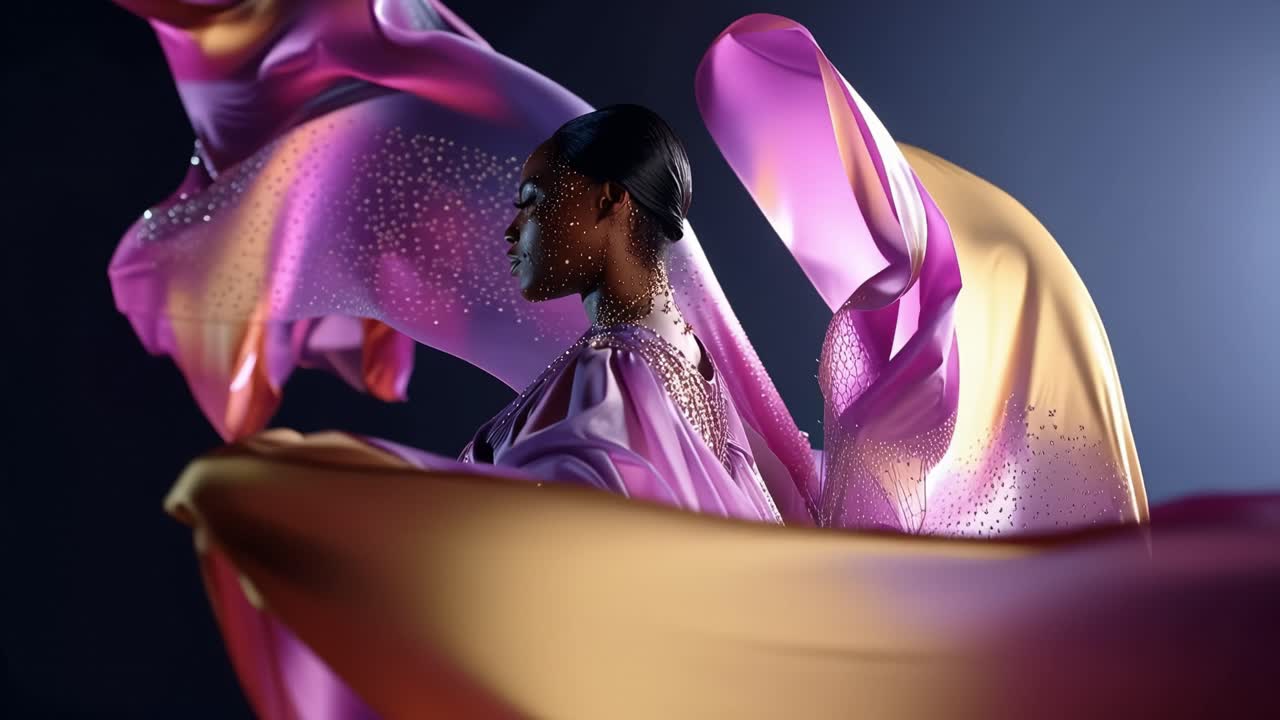 Elegant figure dances under glowing, flowing fabric. Purple and pink hues ripple with cosmic sparkles. Soft lighting highlights the ethereal movement. Dancer's silhouette radiates grace and mystery