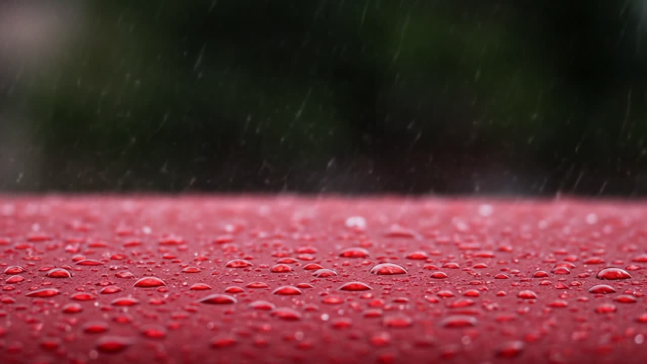 Close-Up of Raindrops on a Red Surface Capturing the Serenity of a Rainy Day, Emphasizing Texture and Reflection in Nature's Elements