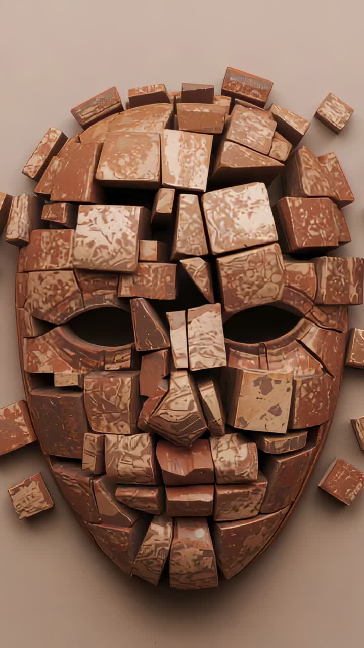 Vertical video: Shifting ceramic mask tiles moving outward at beige wall, revealing detached tiles