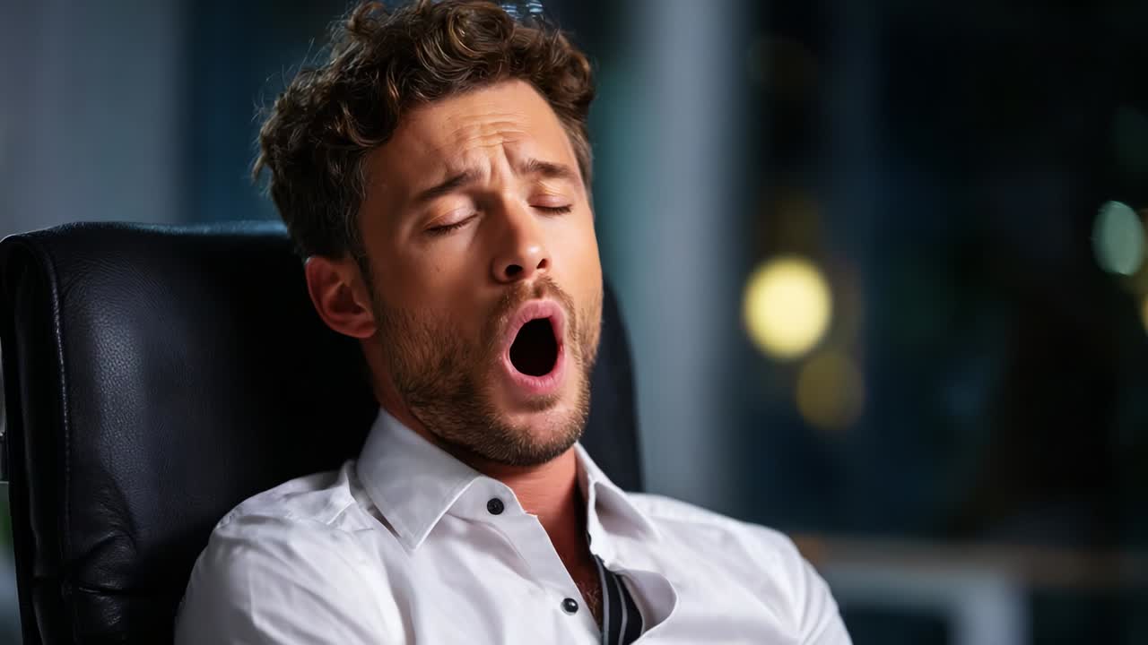 A man transitioning from yawning to laughing, showcasing a shift from tiredness to joy while seated in a chair, surrounded by a softly lit background that enhances his expressive emotions