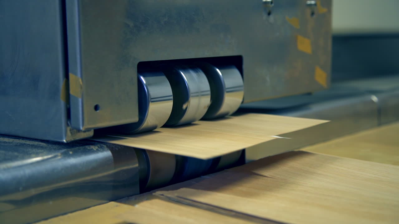 Equipment at modern plant for doors manufacturing. Shiny metal rollers letting out wooden veneer. Close up.