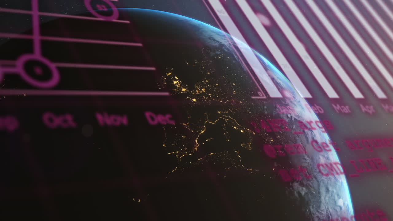 animación del globo, gráficos y lenguaje informático sobre el globo giratorio contra el espacio
