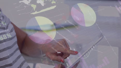 animation of financial data processing over businesswoman using tablet