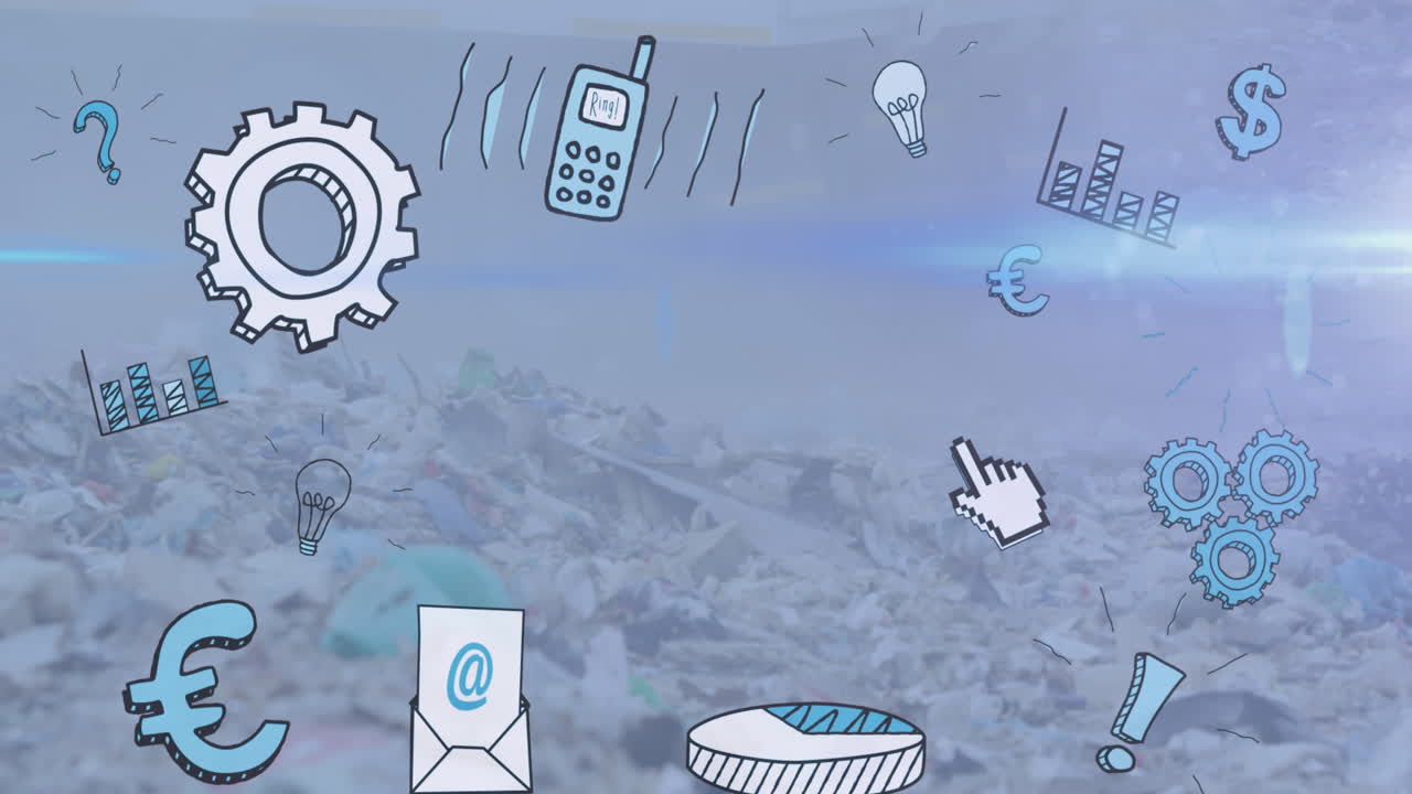 황무지 위의 디지털 비즈니스 아이콘의 애니메이션