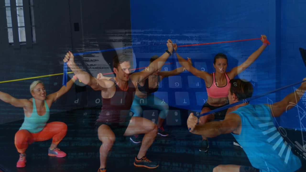 Group following male instructor cue, lifting bands and squatting with translucent HUD for fitness