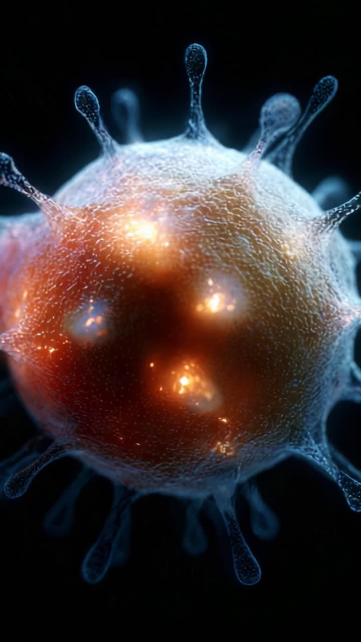Detaljeret visualisering af en mikrobiel celle med bioluminescens, der viser dens unikke struktur og levende lysudsendelse i et mørkt miljø