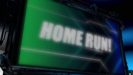 3D-animated-motion-graphics-design-of-a-hi-tech-screen-flashing-a-lightboard-style-sports-title-card,-in-classic-blue-and-green-color-scheme,-with-animated-chevrons-and-the-bold-Home-Run-caption