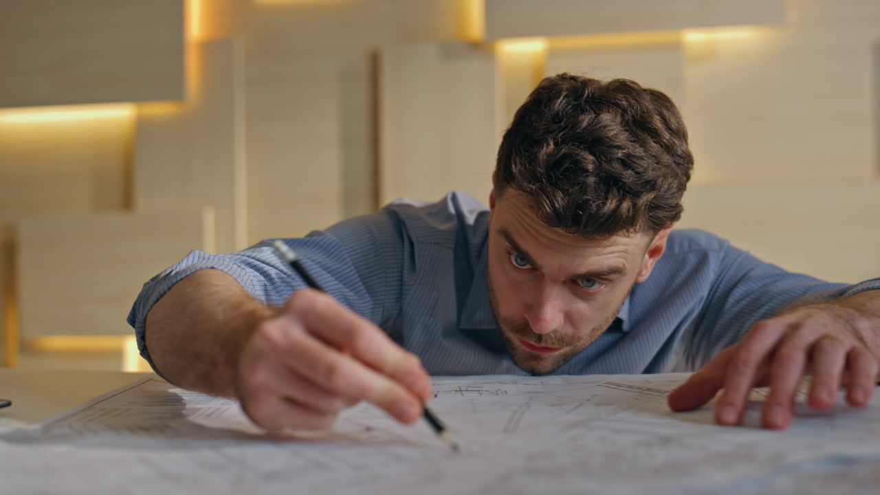 Serious contractor drawing plan architectural project in company office closeup.