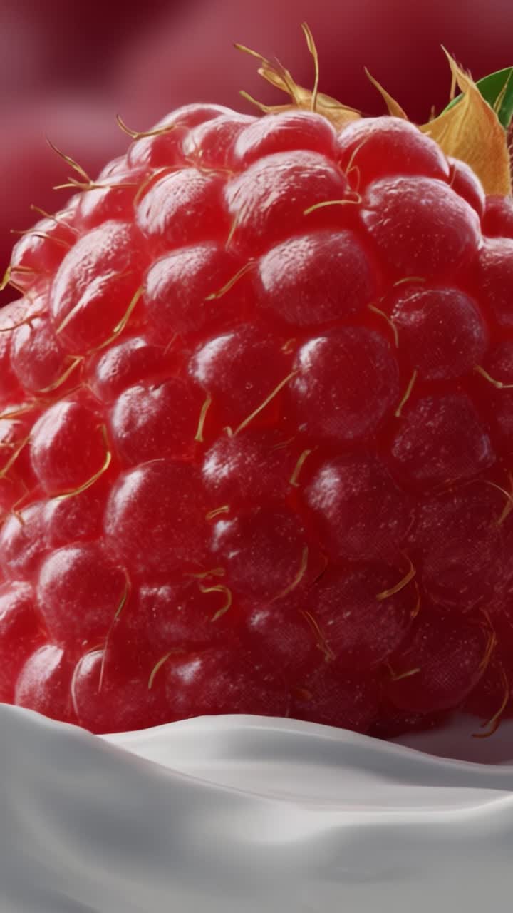 Close-up of a vibrant raspberry resting on a smooth layer of cream, showcasing its luscious texture and rich color, ideal for culinary presentations and desserts