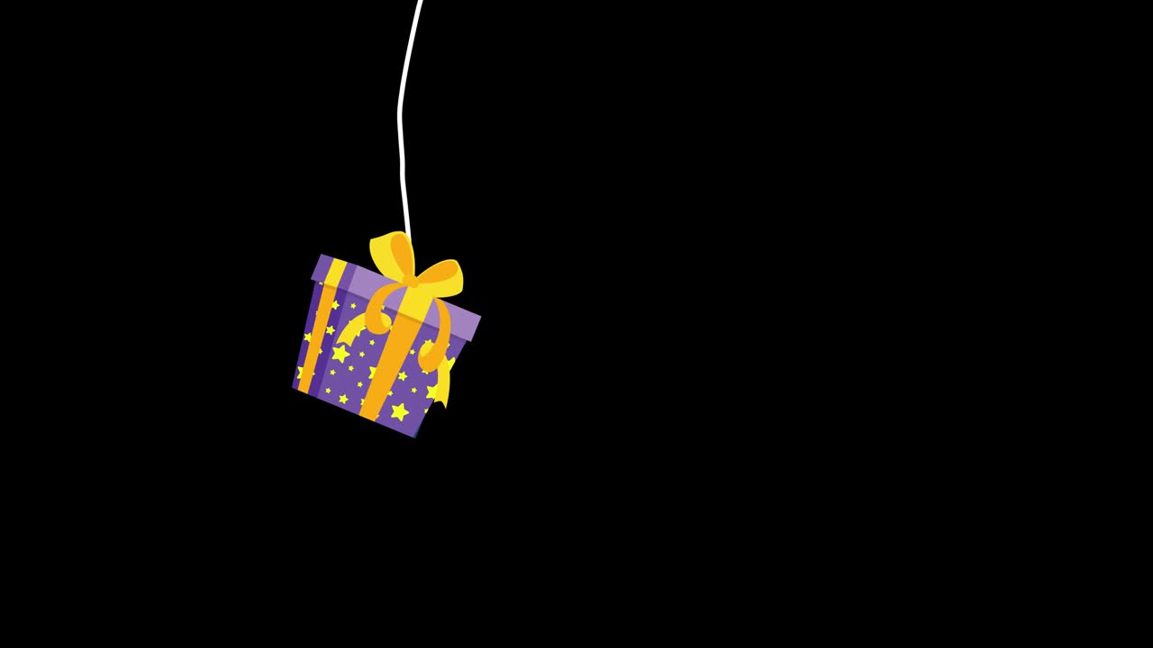 animación de una caja de regalos púrpura colgando en el aire en una cuerda.