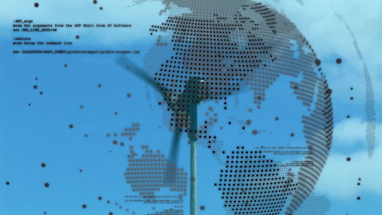 풍력 공장 위의 지구로 데이터 처리의 애니메이션