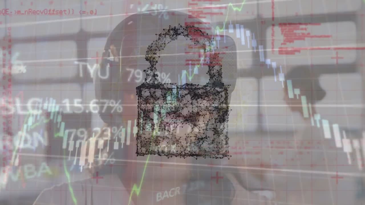 animación del procesamiento de datos sobre una mujer de negocios caucásica usando auriculares vr