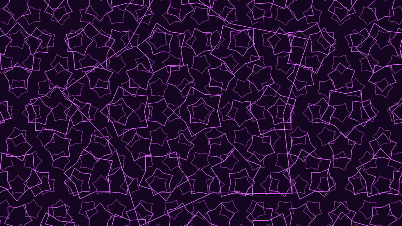 Animazione dinamica di contorni di stelle neon viola che formano un intricato motivo geometrico su uno sfondo scuro, ideale come sfondo in stile tecnologico moderno per titoli, presentazioni o interfacce digitali.