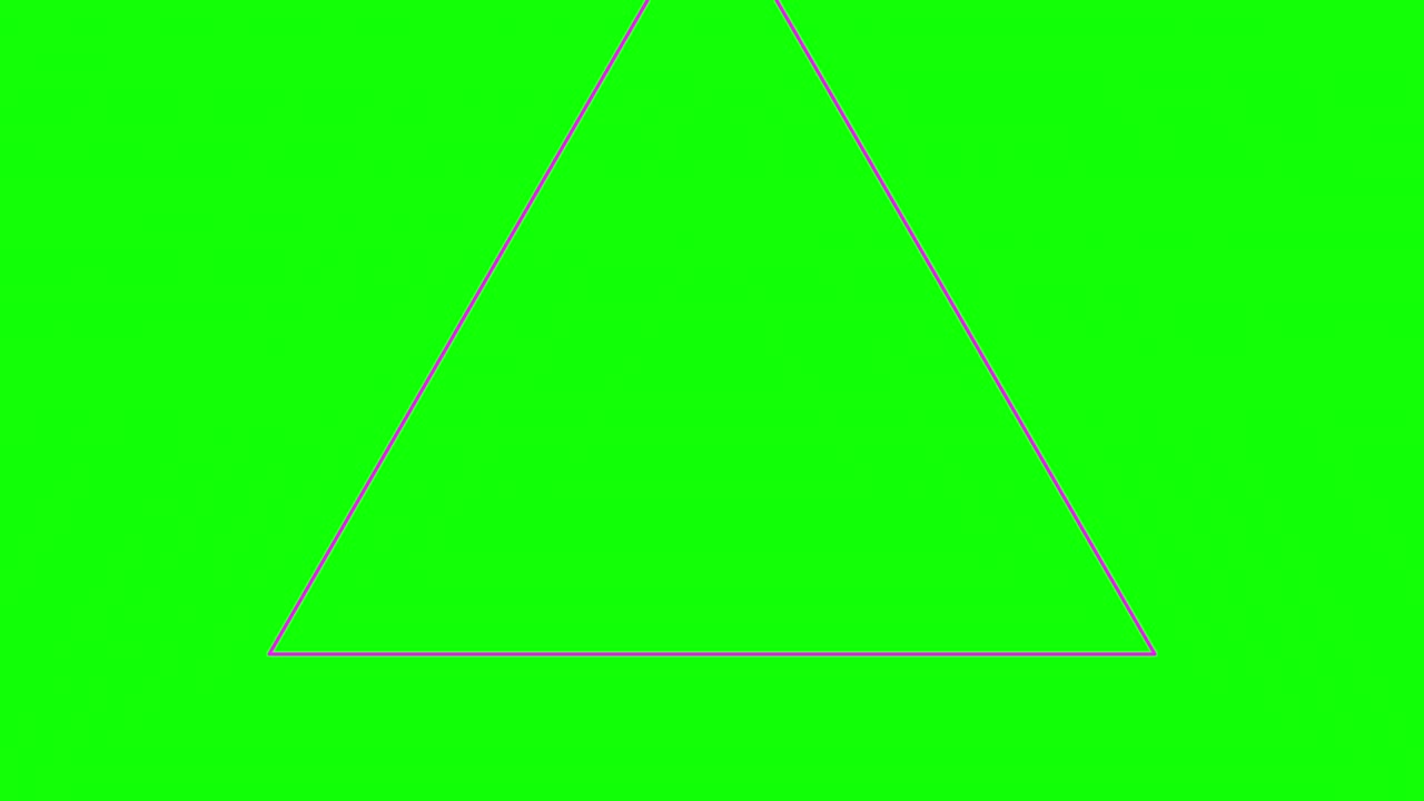 초록색 배경과 여러 개의 움직이는 삼각형, 반복적으로 확대 및 축소