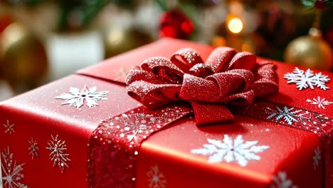 a red gift box sitting on top of a table next to a christmas tree