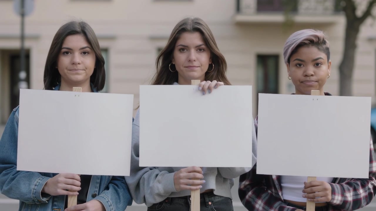 Reagendo a un segnale fuori campo, tre donne che protestano tengono cartelli su bastoni di legno, per strada, in denim.