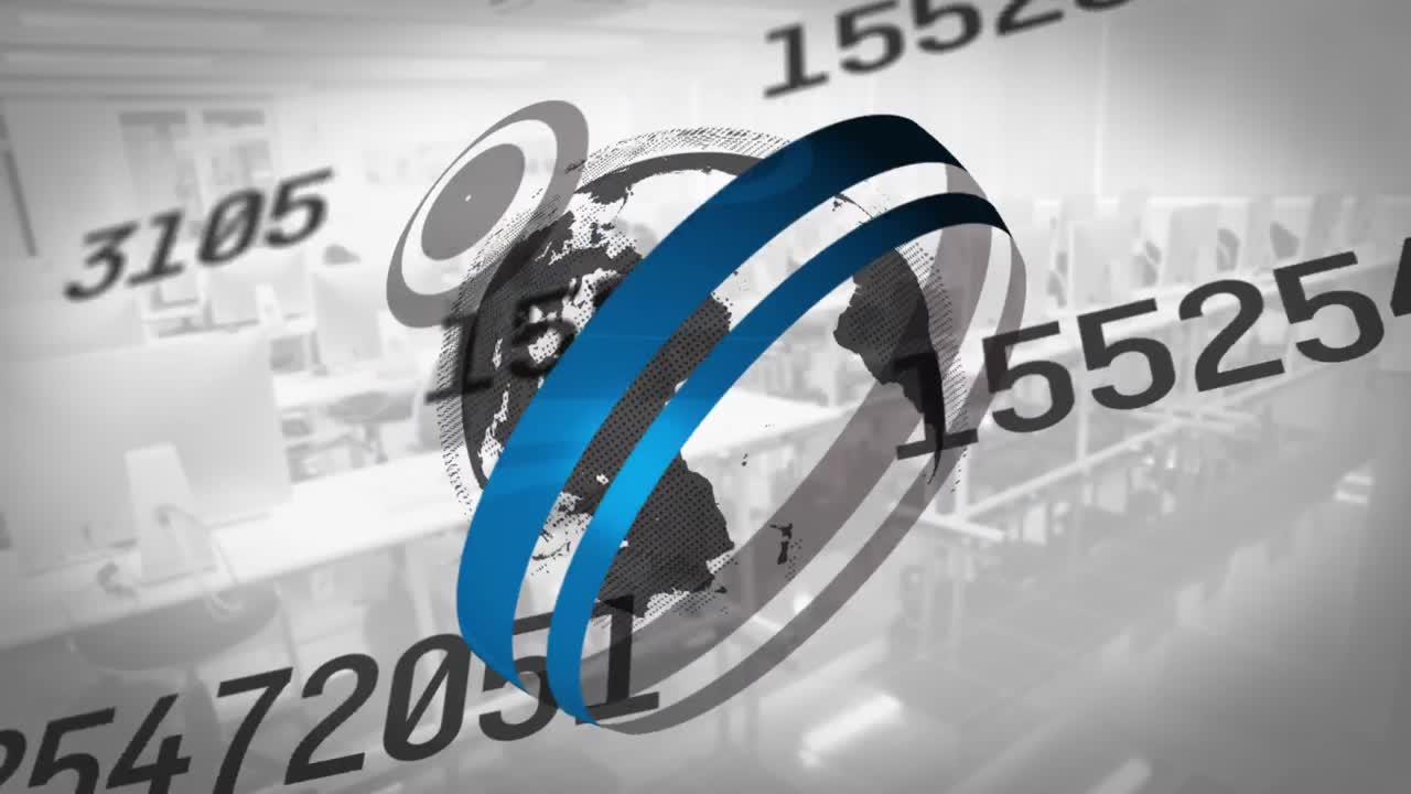 공허한 사무실에 대해 전 세계를 회전시키고 숫자를 바꾸는 디지털 구성