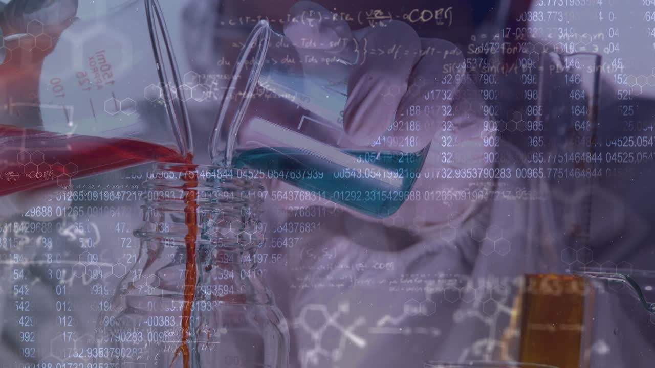 Animation of data processing, dna and chemical formulas over hands of lab worker with samples