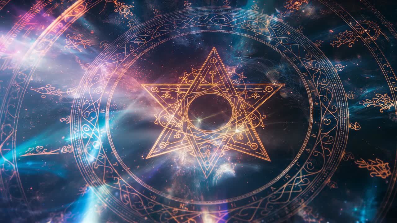 Materializing arcane circle forming pentagram in space backdrop, rotating runic rings pulsing beams