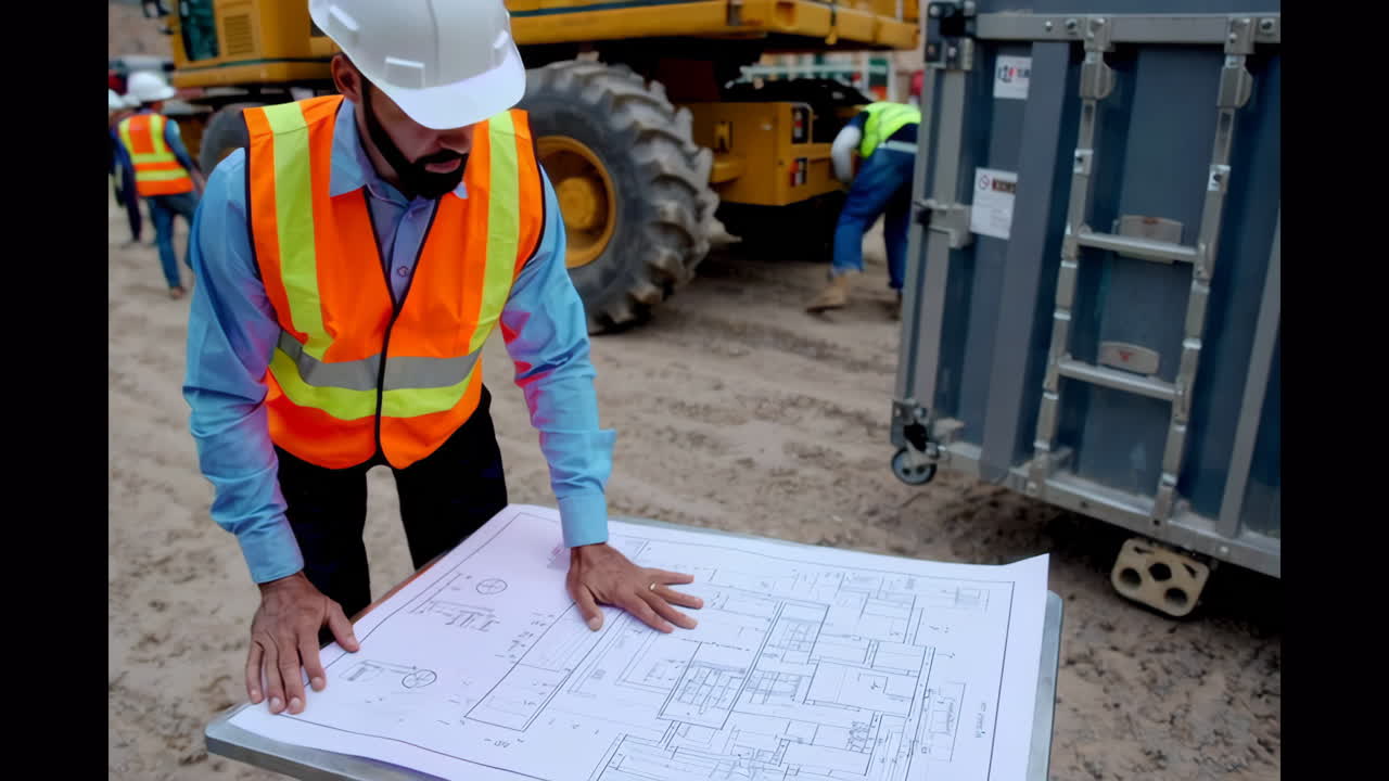 Construction Site Engineer Reviewing Building Plans