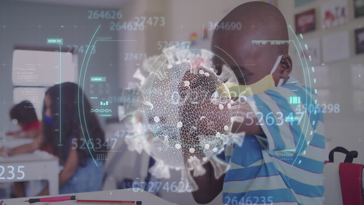 디지털 인터페이스의 애니메이션은 코로나 19 세포와 교실에서 얼굴 마스크를 착용한 학교 아이들을 보여줍니다.