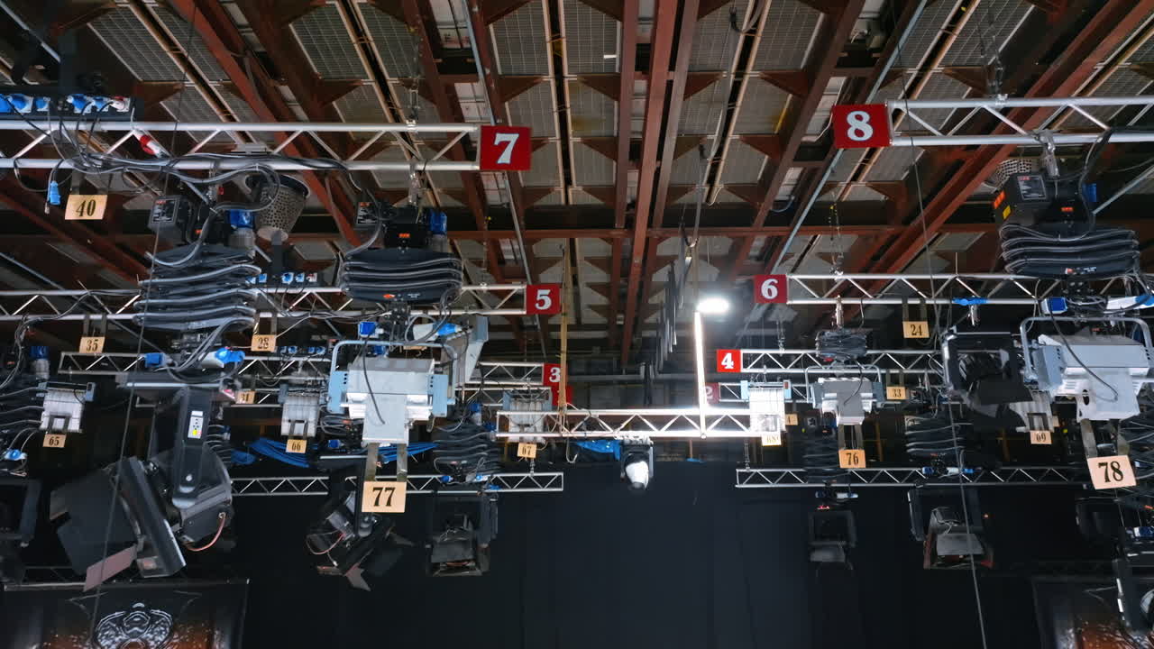 Studio lights equipment on the ceiling of a TV set