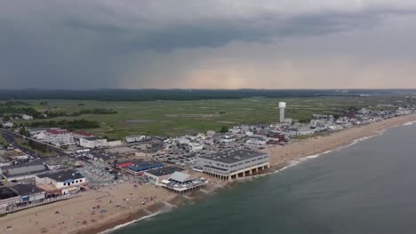stormy beach day: aerial view of a coastal town