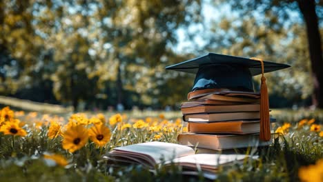 graduation cap and books in a sunny field