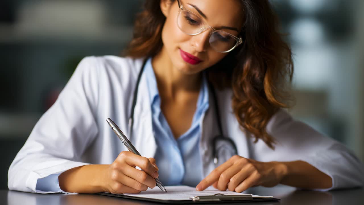Un professionista sanitario concentrato che documenta diligentemente informazioni importanti in un quaderno medico, dimostrando dedizione e precisione, bilanciando al contempo le responsabilità dell'assistenza al paziente e la tenuta accurata dei registri