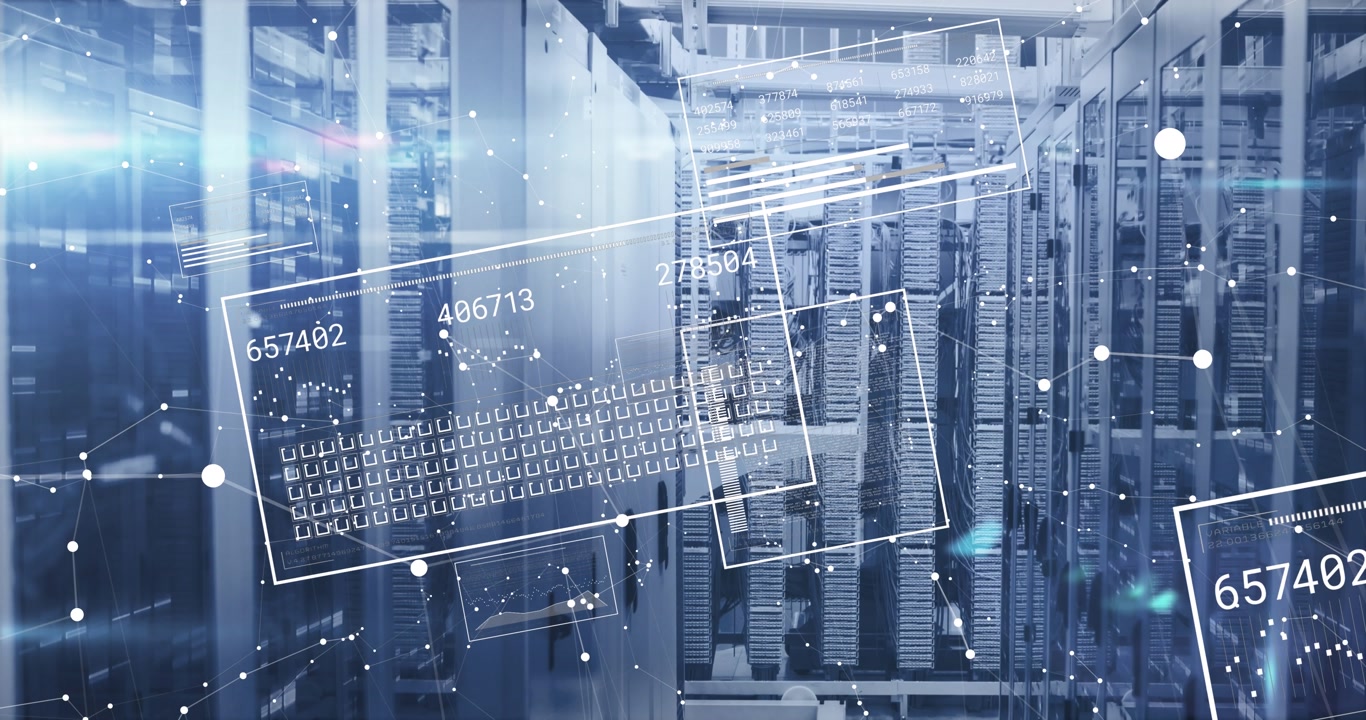 Animation of data processing and shapes over server room