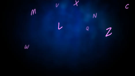 digital animation of multiple purple alphabets floating over glowing blue background