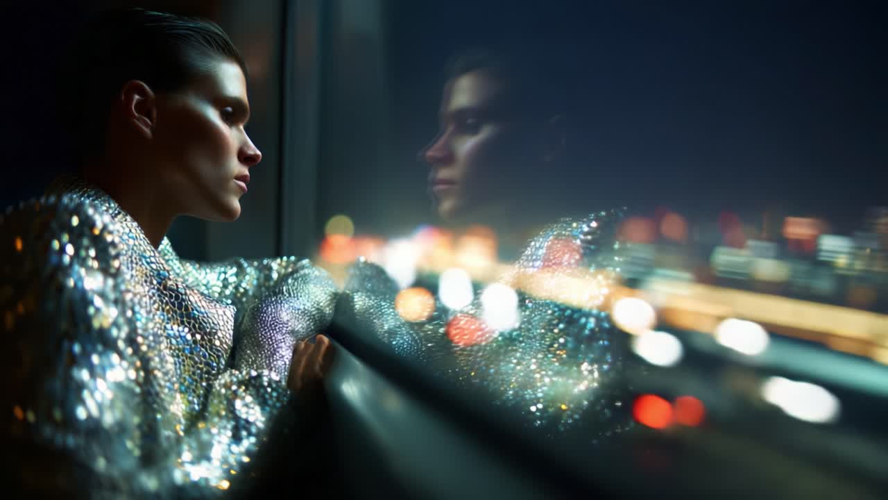 Et reflekterende øyeblikk fanget i tid, som viser en ettertenksom figur pyntet i et glitrende antrekk, som ser gjennom et vindu på et levende, opplyst bybilde om natten
