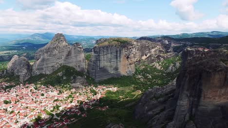 aerial view of meteora with clifftop monasteries and kalambaka town, greece