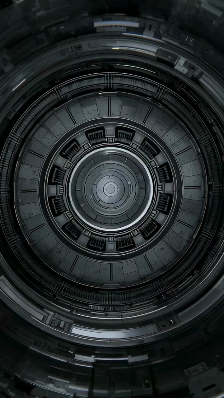 Video verticale: Avvio della riproduzione con anelli rotanti che zoomano verso l'hub all'interno della camera, rivelando le texture
