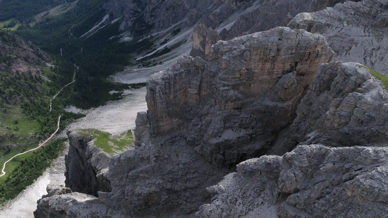 Aerial view of Dolomites' rock formations and trails