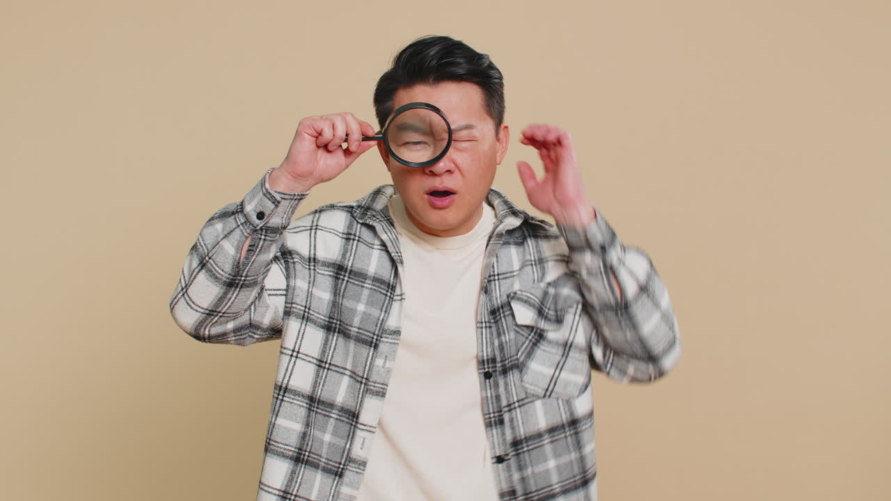 Asian mature man holds magnifying glass near face looking at camera with big zoomed eye analyzing